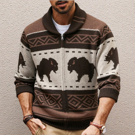 Men's European And American Retro Jacquard Knit Sweater Autumn And Winter Thickened Cardigan