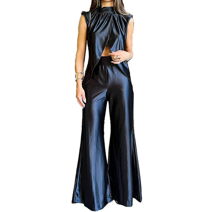 Solid Color Turtleneck Hollow-out Cinched Bell-bottom Pants Fashion Casual Set
