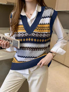 Retro V-neck Rhombus Vest Women's Knitted Jacquard Sleeveless Sweater