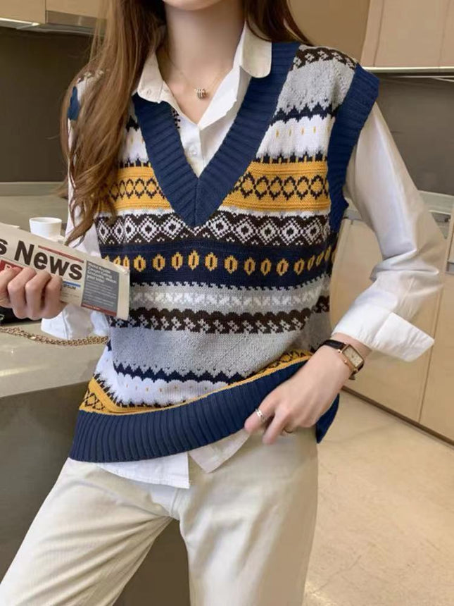 Retro V-neck Rhombus Vest Women's Knitted Jacquard Sleeveless Sweater