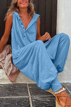 Hot Selling Button Up Hooded Sleeveless Pants In Stock, Jumpsuit With Pockets