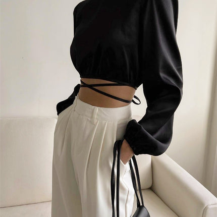 New Lace-up Backless Design Sense Short Section Sexy Navel Long-sleeved Tops Europe And The United States Women Blouses