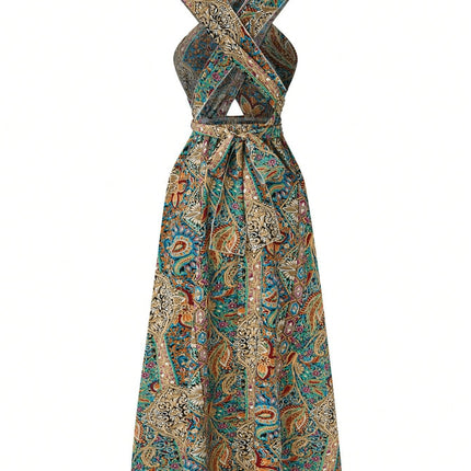 Women Print Maxi Dress High Waisted Cross Halter Neck With Tie Detail,Flowing Vacation Gown In Teal, Blue-Green & Brown Paisley   Pattern, Machine Washable, Summer Fashion Decorative Tie Detail