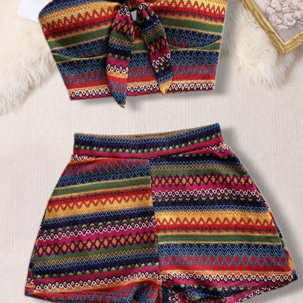 Women's Sexy 2pcs Set  Summer  Colorful Striped Elastic Suitable For Vacation And Daily Travel