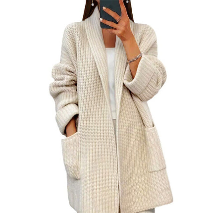 Lapel Knitted Cardigan With Pockets Fashion Casual Loose Sweater Jacket Fall Spring Women's Clothing