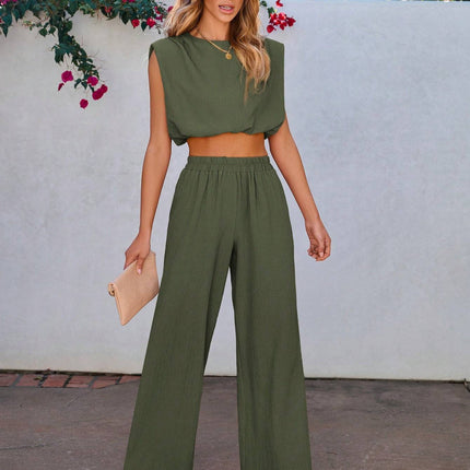 Women Solid Color Sleeveless Top And Long Pants 2-Piece Set For Vacation