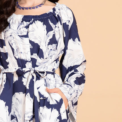 Elegant Style Round Neck Color Contrast Flowers Belt Flared Sleeve Long Dresses
