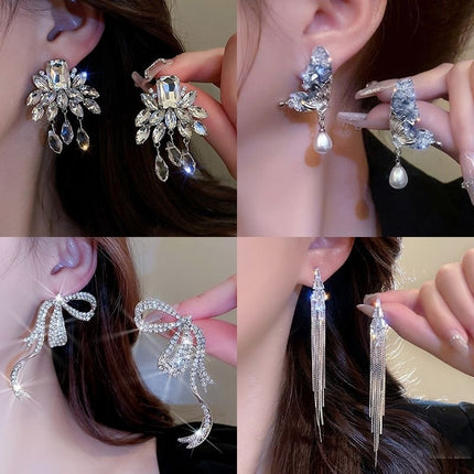 Silver Needle Diamond Studded Bow Earrings