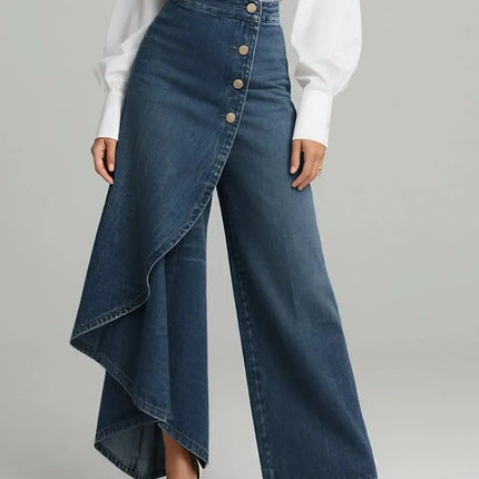 Unique Straight-leg Pants Fashion Large Ruffled Buttons Trousers Women's Faux Jeans Clothing