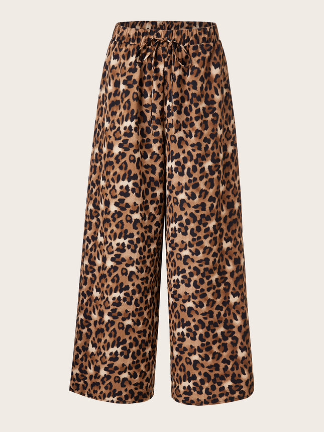 Women's Plus Size Leopard Print Wide Leg Pants - Elastic Waist, Loose Fit Casual Straight Leg Trousers For Spring Summer Fall, Lightweight Polyester Blend, Perfect For Beach Or Outdoor Outings