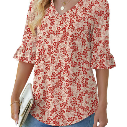 Printed Shirt V-neck Floral Flared Half Sleeve Top