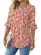 Printed Shirt V-neck Floral Flared Half Sleeve Top