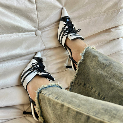 Retro Pointed Stiletto Heel Hollow Patent Leather Sandals For Women