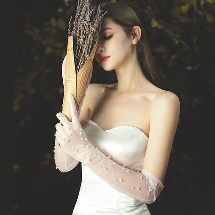 Bride Gloves White Wedding Dress Pearl Mesh