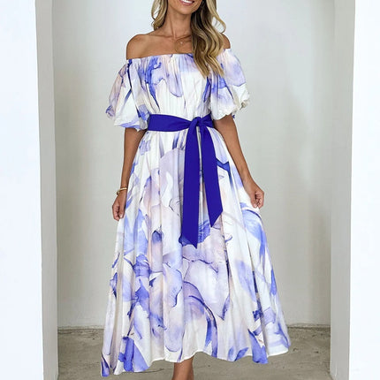 European American Summer New Temperament Shoulder Waist Puff Sleeve Printed Large Swing Dress