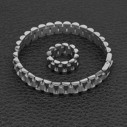 10mm Wristband Link Bracelet And 10mm 8-12 Adjustable Size Ring Stainless Steel Silver Gold Color Bracelets/Rings Set