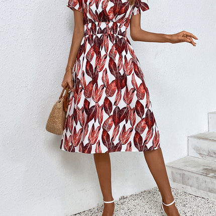Summer Floral Print Short Sleeved V-neck Pullover High Waisted Dress A-line Skirt Mid Length Skirt