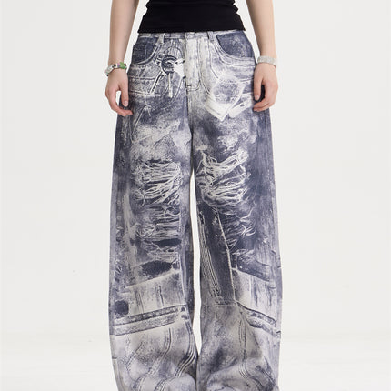 American Style Retro Washed Distressed Printed Gradient Jeans Women's Loose Straight