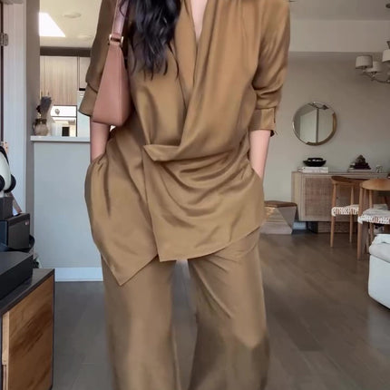 Wrap-style Satin Blouse And Wide-leg Pants Set