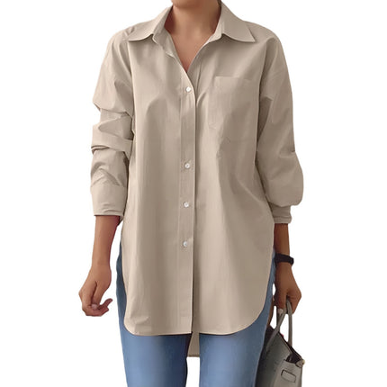 Solid-color Split-neck Long-sleeve Shirt