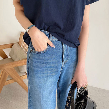 Korean Style Commuter All-match Rolled-up Casual Jeans High Waist Slim Straight Leg Pants Women