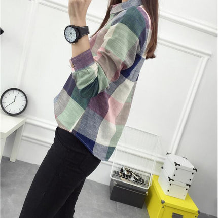 asual Plaid Women Blouses Kimono Vintage Linen Cotton Long Sleeve Blouse Female Shirts Tops