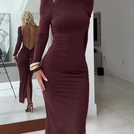 Brown Backless Long Sleeve Maxi Dress