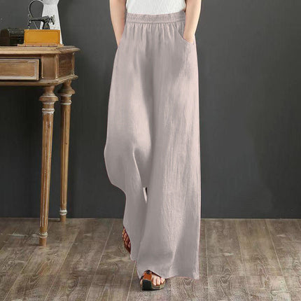 Pure Linen Plus Size Wide Leg Pants Women Drawstring Elastic