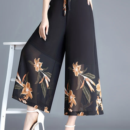 910-length Plus-size Figure-flattering Womens Flowy High-waisted Chiffon Wide-leg Pants