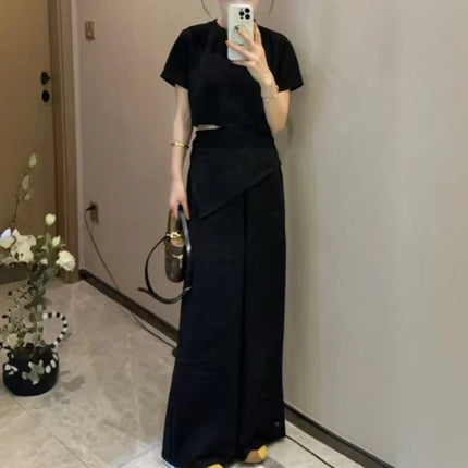 Short Sleeve Bud High Waist Wide Leg Pants Two-piece Set
