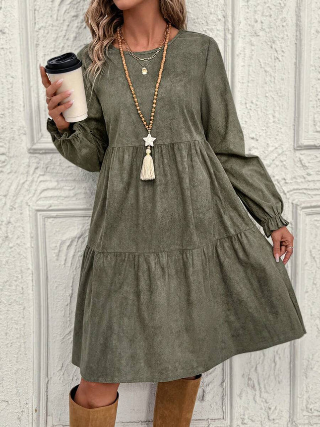Women's Casual Solid Color Ruffle Sleeve Midi Dress Spring And Autumn