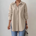 Solid-color Split-neck Long-sleeve Shirt