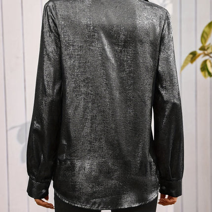 Satin Minimalist Long Sleeved V-Neck Button Pocket Daily Shirt - Women's Casual Top