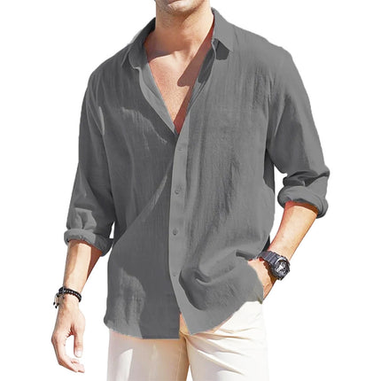 Men's Linen Cardigan Single Row Lapel Long Sleeve Shirt