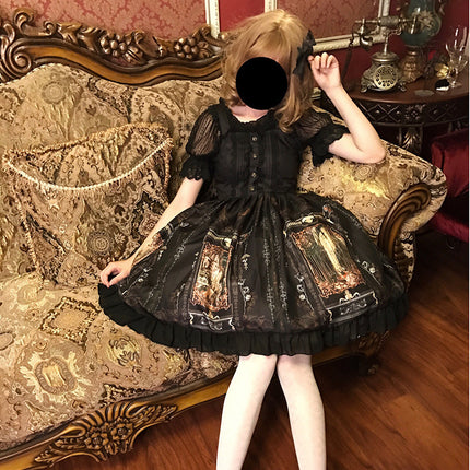 Gothic Lolita Dress Woman Vintage Kawaii Chiffon Palace Princess Party Wear Lantern Sleeve Printed Cute Cosplay Costumes
