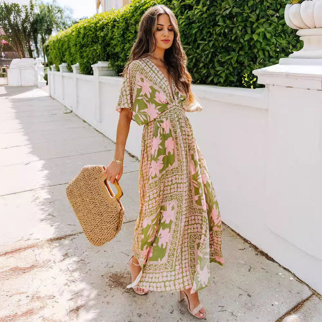 High Waist Batwing Sleeve V-neck Women's Printed Wear Dress