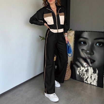 Color Matching Long Sleeve Top Elastic Waist All-matching Straight Trousers Ladies Two-piece Set