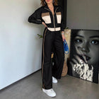 Color Matching Long Sleeve Top Elastic Waist All-matching Straight Trousers Ladies Two-piece Set