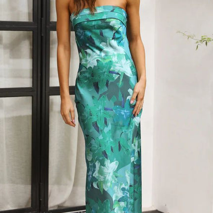 Summer Tube Top Long Dress With Backless Design INS Fashion Flowers Print Party Evening Dresses For Women