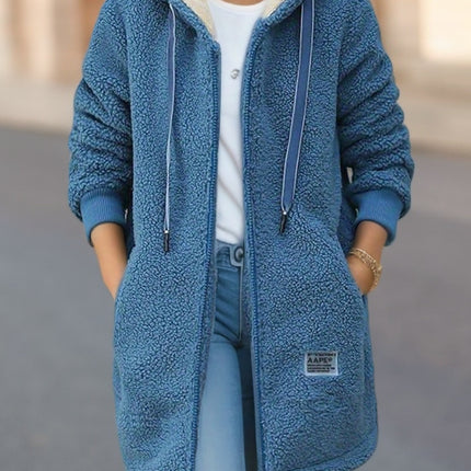 Winter Fleece Hooded Jacket Fashion Casual Zip-up Pockets Long Sweatshirt Warm Commuter Women's Clothing