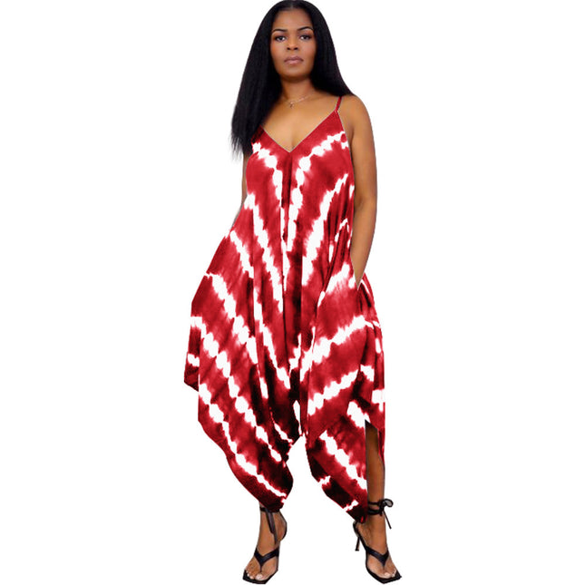 European And American Positioning Printing Fashion Loose Sleeveless Split Jumpsuit