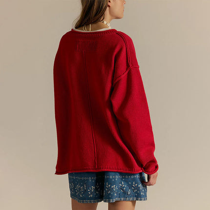 Solid Color Round Neck Loose Versatile Basic Pullover Sweater