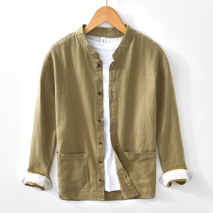 Chinese-style Stand Collar Ramie Long-sleeved Shirt Breathable Linen Casual Chinese-style Shirt For Men