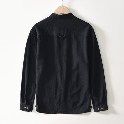 Chinese-style Stand Collar Ramie Long-sleeved Shirt Breathable Linen Casual Chinese-style Shirt For Men