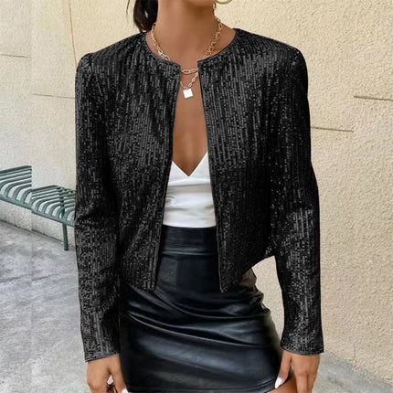Stand Collar Color Matching Sequins Coat Short Casual Jacket