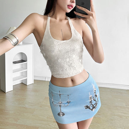 Solid Color Sleeveless Halter Sequins Cropped Tank Top Women