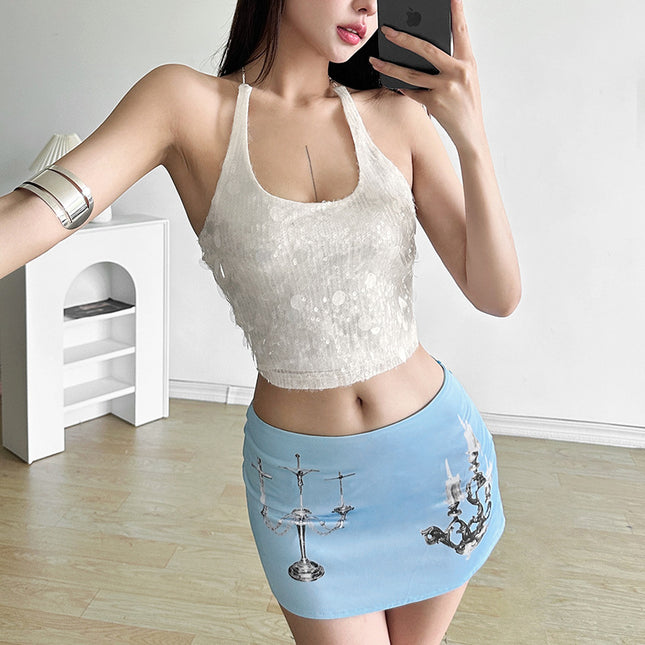 Solid Color Sleeveless Halter Sequins Cropped Tank Top Women