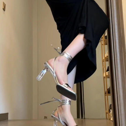 Niche Design Silver High Heels Transparent Stiletto Heel Roman Strap Elegant Sandals