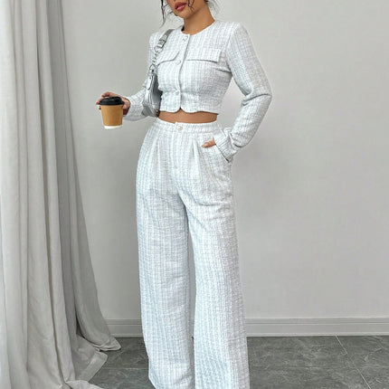 Spring And Autumn Long-sleeve Short-pants Suit, Tweed Short Jacket With Pearl Buttons, Elegant Round Neck Pearl Button Textured Jacket And Long Pants, Suitable For Commuting, Leisure, Dating, And Vaca