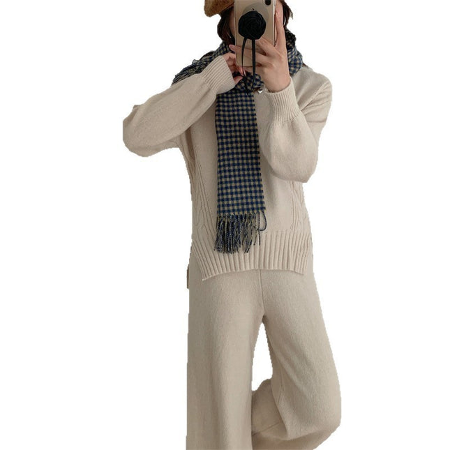 Women's Knitted Sweater Straight Wide-leg Pants Suit New Western Style